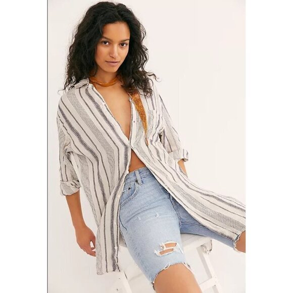 Free People Tops - Free People CP Shades Linen Stripe Button-down Shirt Oversized Size XS NEW